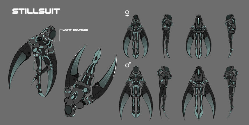 Concept art of Stillsuits for a re-imagining of the "Dune" universe by Frank Herbert, where the setting is underwater