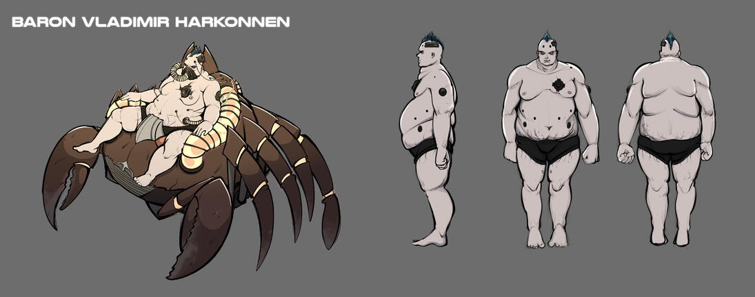 Concept art of "Baron Vladimir Harkonnen" for a re-imagining of the "Dune" universe by Frank Herbert, where the setting is underwater