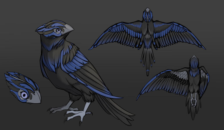 Concept art of a bird creature whose head was inspired by the shape of a computer mouse.